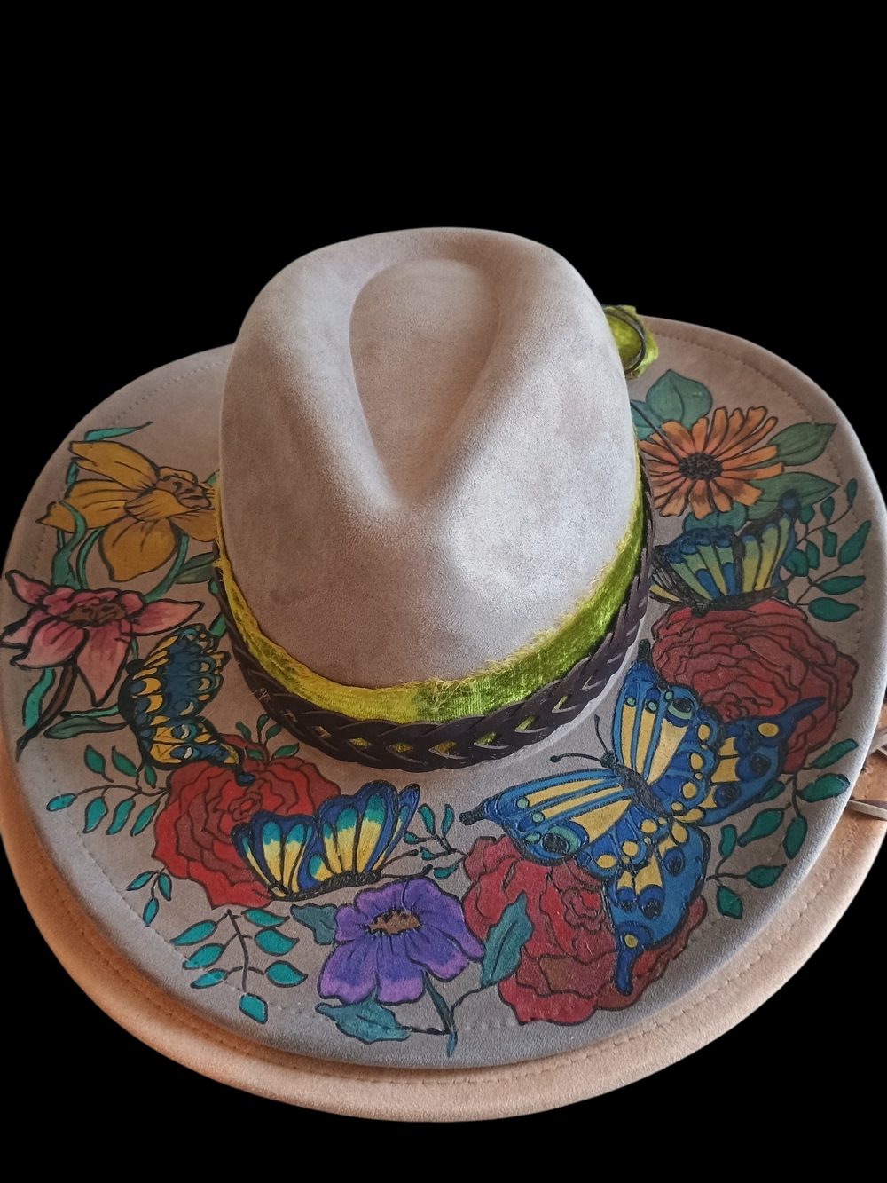 Hand-Painted Floral & Butterfly Suede Western Hat - Taupe